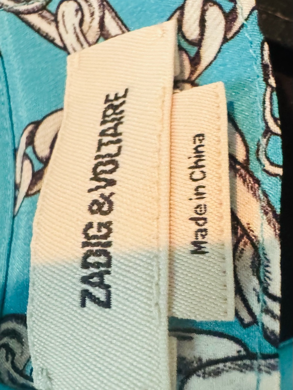 NWOT Zadig&Voltaire Tuile 100% Silk Turquoise Chain Print Tie-Neck Blouse size L - Picture 4 of 9